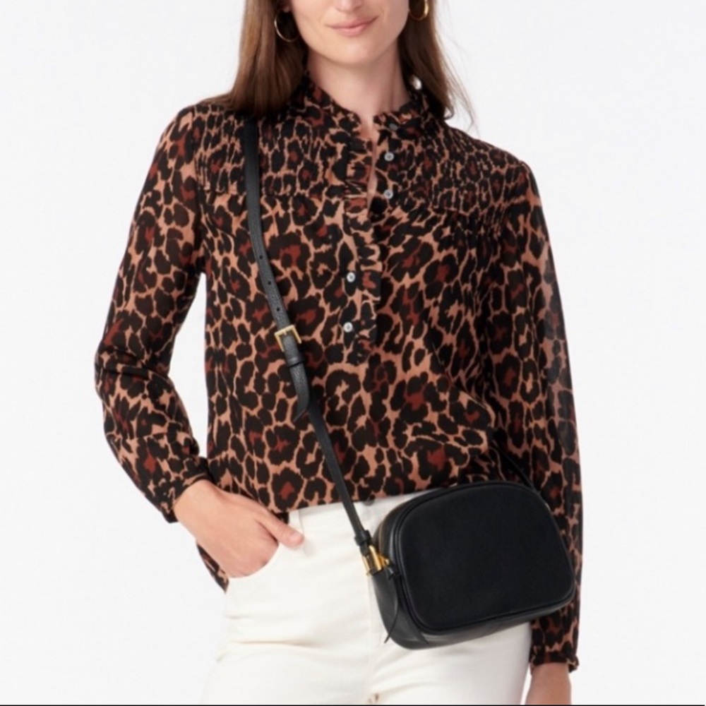 J.Crew Smocked popover top in leopard crinkle chiffon